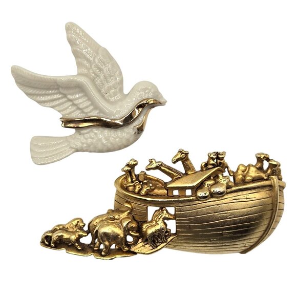 VTG Brooch 2PC Set Christian Faith Religious Dove Peace Noah's Arc Gold Tone Pin - Picture 1 of 15
